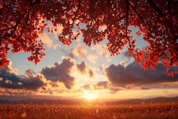 Wall Mural - red tree leaves frame golden sunset field. idyllic nature scene for calm background