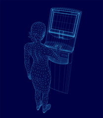 Poster - A woman is standing in front of a cash machine with a blue background. She is touching the cash machine