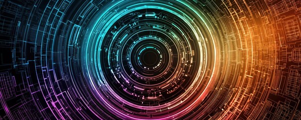 Leinwandbilder - Abstract Circular Design with Colorful Lines and Digital Patterns Representing Technology and Innovation