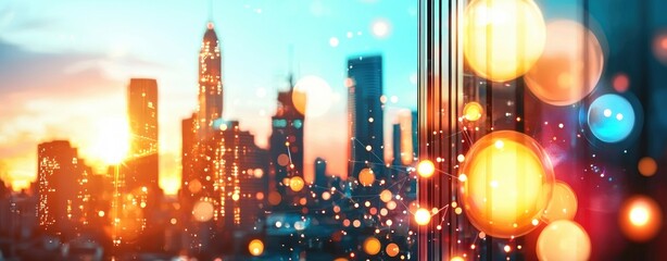 Fototapete - Stunning Sunset Over City Skyline with Out of Focus Lights Creating a Dreamy Urban Atmosphere