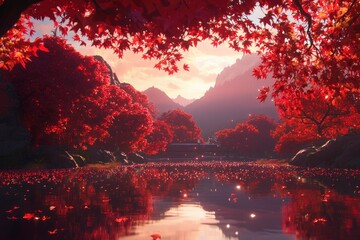 Wall Mural - Autumn leaves on water reflecting trees, mountains and sunset. Peaceful scenery