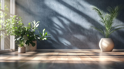 Wall Mural - Indoor plants bask in the light filtering through a window, creating captivating shadow patterns on the textured wall.