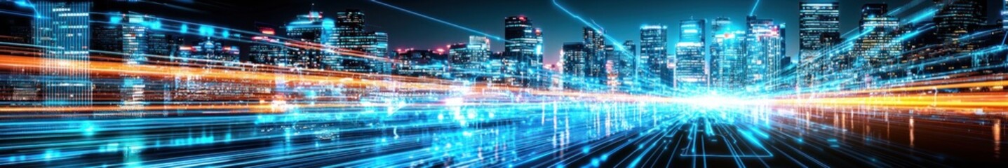 Fototapete - Futuristic Cityscape with Colorful Light Trails and Dynamic Motion Effects at Night