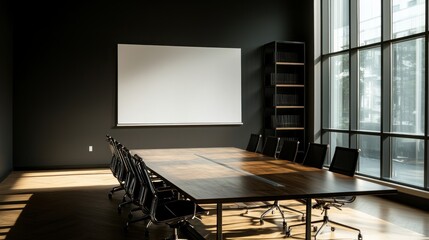 Poster - Modern Conference Room with Large Window and Empty Whiteboard Prepared for Business Meeting or Presentation