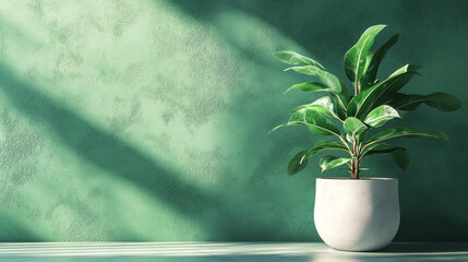 Wall Mural - A calming indoor scene: green wall, light, and a potted plant create a serene atmosphere, perfect for relaxation and contemplation.