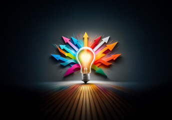 Aufkleber - A bright lightbulb radiates ideas, represented by colorful arrows pointing outwards, symbolizing innovation and multiple directions in a dark setting.