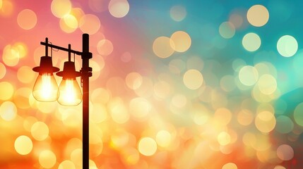 Poster - Elegant Street Lights Silhouetted Against a Colorful Bokeh Background at Dusk