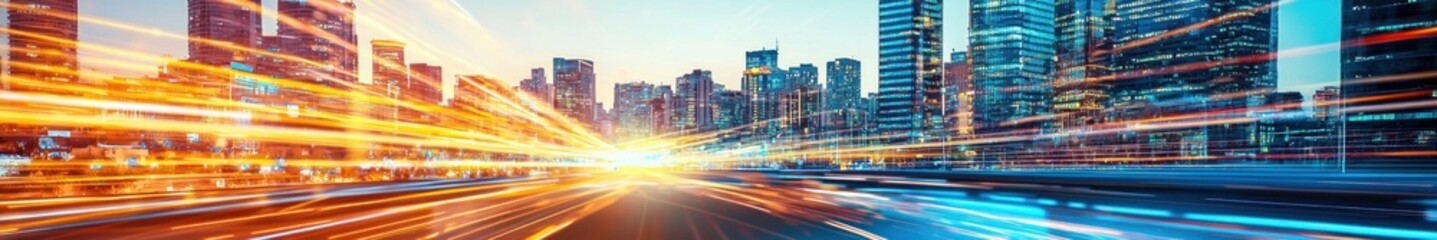 Leinwandbilder - Vibrant Cityscape with Motion Blur and Bright Light Trails at Dusk in Urban Environment