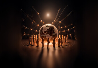Aufkleber - A glowing globe is encircled by figures connected by light streams in a dark setting, symbolizing worldwide network and digital connection.