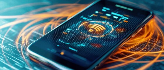 Aufkleber - Futuristic Smartphone Displaying Wireless Signal and Data Metrics on Abstract Digital Background