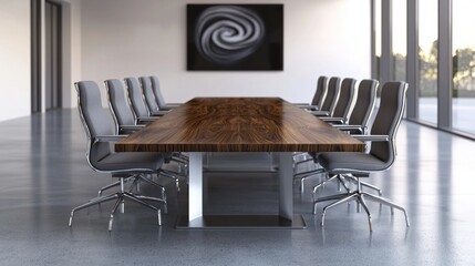 Poster - Modern Conference Room with Large Wooden Table and Ergonomic Chairs in a Bright Office Space