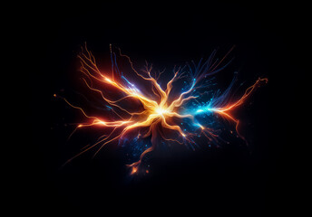Aufkleber - A burst of vibrant energy emanates, displaying a captivating array of orange and blue electrical arcs against a stark black backdrop, radiating power and light.