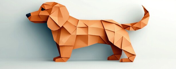 Poster - Stylized Origami Dog in Geometric Shapes and Warm Tones, Ideal for Pet Lovers and Creative Designs