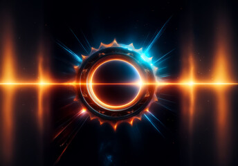 A glowing circular object with spiked edges radiates vibrant orange and blue light against a dark backdrop, creating a dynamic and abstract design.