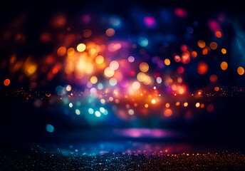 Aufkleber - Blurred and colorful bokeh lights create a festive and vibrant atmosphere. Abstract background with orange, yellow, blue, and purple hues giving a sparkling effect.