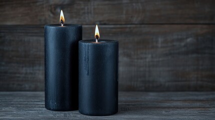 Poster - Two Black Candles with Flames on a Wooden Table Surrounded by Dark Tones and Soft Warm Light
