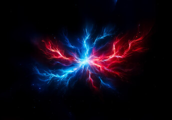 Aufkleber - Striking image of vibrant blue and red lightning bolts emanating from a central point on a stark black background. Energy radiates outwards, creating an abstract and powerful visual display.