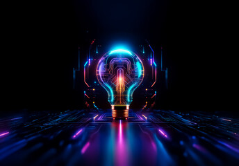 Poster - A vibrant neon light bulb illuminates a dark reflective surface.  The colorful glow creates a futuristic and abstract scene, suggesting innovation and bright ideas.