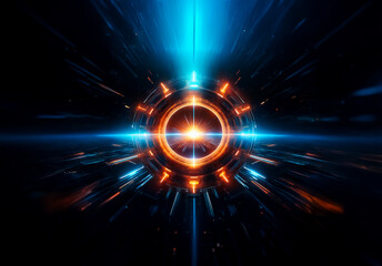 Leinwandbilder - Abstract glowing circle with blue and orange light streaks radiating outward on a dark backdrop. Energetic, futuristic, like portal or energy burst.