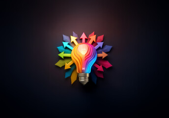 Poster - A vibrant light bulb bursts with colorful arrows, radiating outwards against a dark backdrop, symbolizing ideas and innovation spreading in various directions.