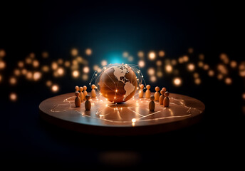 Aufkleber - Golden globe with figures on a platform is illuminated by bokeh lights in a dark background, creating a stage-like presentation.
