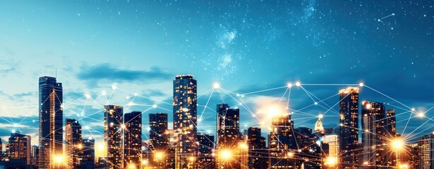 Fototapete - Night City Skyline with Illuminated Buildings and Digital Connection Overlay in Urban Landscape
