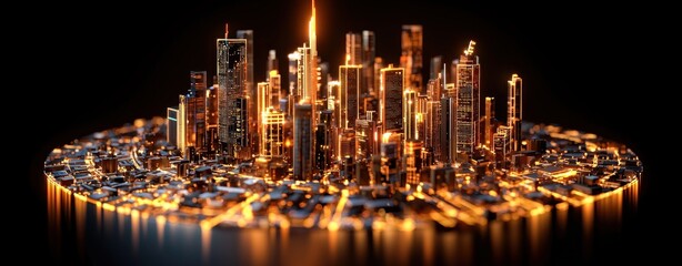 Poster - Illuminated Cityscape at Night with Towering Skyscrapers and Radiant Lights in a Dark Environment