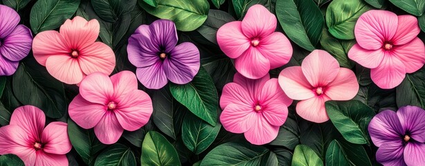 Fototapete - Vibrant Floral Background with Pink and Purple Flowers Surrounded by Green Leaves for Nature Inspired Designs