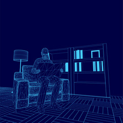 Poster - A man is sitting in a chair reading a newspaper. The room is dimly lit, with a lamp on the left side of the chair. The man is engrossed in his reading