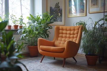 Wall Mural - Cozy living room featuring vibrant orange chair and lush green plants in a sunlit atmosphere