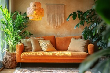 Wall Mural - Cozy living room with orange couch and green plants in natural light