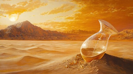 Wall Mural - Hourglass in desert sunset, mountains background; time, nature concept