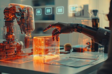 Poster - Robotic arm manipulates holographic data cube under transparent machine with interface in future tech lab, showcasing seamless integration and innovative potential.