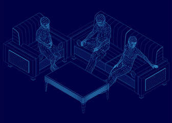 Poster - A blue image of three people sitting on a couch and a coffee table. The couch is a sectional and the coffee table is a square. The people are sitting in a relaxed manner. Isometric view
