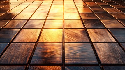 Poster - Reflection of Warm Sunset Light on Polished Wooden Floor Tiles with Intricate Grain Patterns