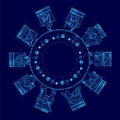 Poster - A blue image of a group of people sitting around a table. The table is circular and has a total of ten chairs. The people are arranged in a semi-circle around the table. Top view