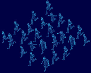 Wall Mural - A group of people running in a blue background. The people are in different positions and sizes, but they all have the same goal of running. Concept of movement and energy. Isometric view