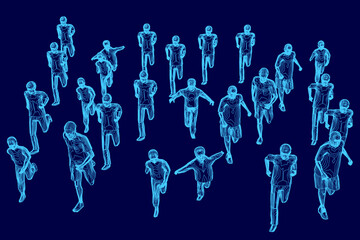 Poster - A group of people running in a blue background. The people are in motion and appear to be in a hurry