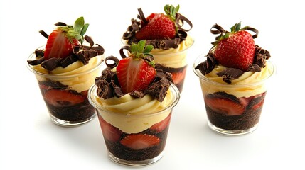 Wall Mural - Mini strawberry chocolate sponge trifles served in glasses, topped with fresh strawberries and chocolate curls on a white background