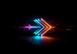 © YiuCheung - Vibrant neon arrow pointing right, glows with blue, cyan, orange, and pink hues against a stark black backdrop.  A sense of motion and direction is conveyed by the light trail.