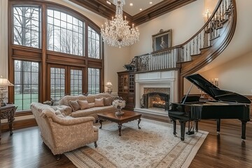 Poster - Elegant interior of a luxury living room showcasing a piano and a grand staircase with large windows during twilight hours