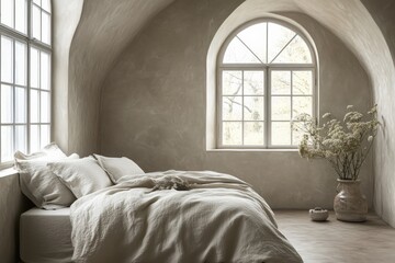 Aufkleber - Cozy bedroom with natural light and minimalist decor featuring a bed and a vase of dried flowers