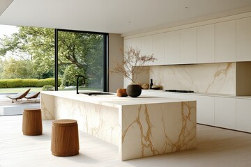 Poster - Modern kitchen design featuring marble countertops and natural lighting in a serene outdoor setting
