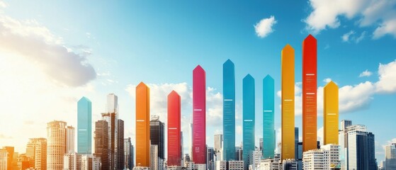 Leinwandbilder - Colorful Graphical Representation of Growth with Urban Skyline and Bright Blue Sky Background