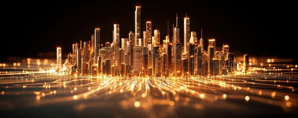 Leinwandbilder - Futuristic City Skyline with Dazzling Lights and Dynamic Motion in a Dark Background