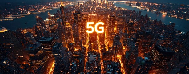 Leinwandbilder - Vibrant Night Cityscape with 5G Sign Illuminating Skyscrapers and Urban Landscape in a Modern Metropolis