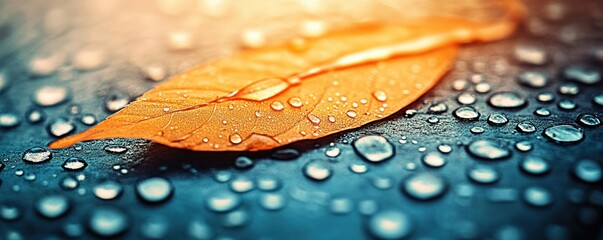 Aufkleber - Close-Up of an Orange Leaf with Water Droplets on a Dark Surface in Soft Natural Light