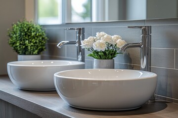 Poster - Stylish modern bathroom design featuring elegant sink basins and decorative plants