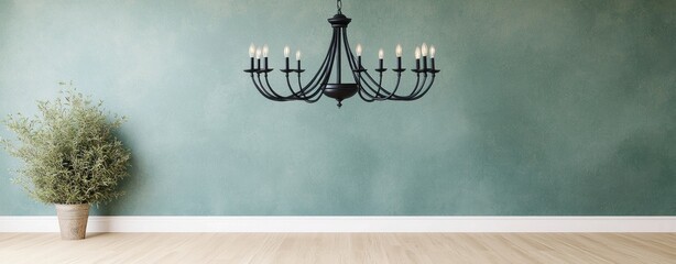 Poster - Elegant black chandelier hanging in modern interior with green wall and wooden floor in contemporary setting