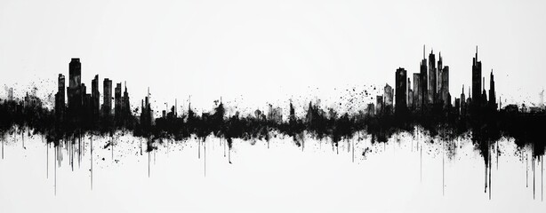 Aufkleber - Urban Skyline Art with Black Ink Splatter and Contemporary Minimalist Design for Modern Decor